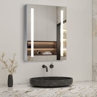 Bathroom Mirror Cabinet with LED Lights, 600x800mm Illuminated LED Bathroom Mirror Cabinet with Shaver Socket Dimmable Switch 3 Colors and Demister