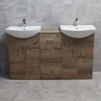 1450mm Double Vanity Basin Sink Unit Set Bathroom Storage Walnut Oak Finish, With Tap & Waste Pack