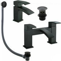 Gravity Bathrooms - Matt Black Square Basin Sink Tap & Bath Filler Set with Matching Waste Plugs