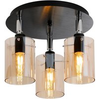 Eden 30cm Round Semi Ceiling With 10x13.5cm Cylinder Glass, 3 Light E14, IP44, Black/Polished Chrome/Amber