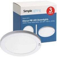Pack of 3 Discus PIR LED Downlights, 4000K, Power Selectable, Ultra Slim 18mm, White